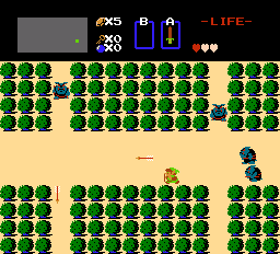 The Legend of Zelda screenshot: pixel art, three-quarter, black outlines, flat / unlit (environment, combat)