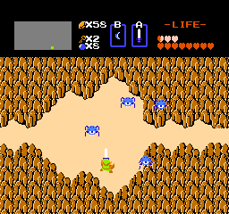 The Legend of Zelda screenshot: pixel art, three-quarter, black outlines, flat / unlit (environment, combat)