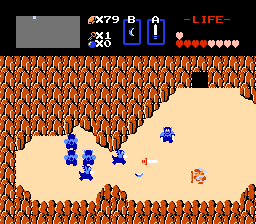 The Legend of Zelda screenshot: pixel art, three-quarter, black outlines, flat / unlit (environment, combat)