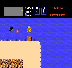The Legend of Zelda screenshot: pixel art, three-quarter, black outlines, flat / unlit (environment, combat)
