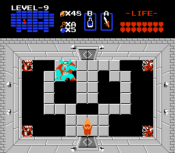 The Legend of Zelda screenshot: pixel art, three-quarter, black outlines, flat / unlit (environment, combat)