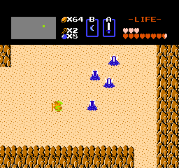 The Legend of Zelda screenshot: pixel art, three-quarter, black outlines, flat / unlit (environment, combat)