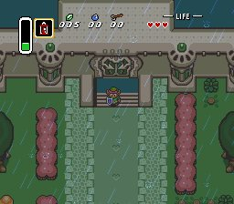 The Legend of Zelda: A Link to the Past screenshot: pixel art, three-quarter, colored outlines, baked lighting (environment)