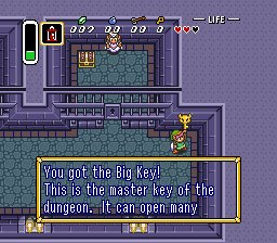 The Legend of Zelda: A Link to the Past screenshot: pixel art, three-quarter, colored outlines, baked lighting (environment, cutscene)