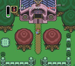 The Legend of Zelda: A Link to the Past screenshot: pixel art, three-quarter, colored outlines, baked lighting (environment)