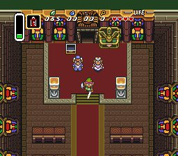 The Legend of Zelda: A Link to the Past screenshot: pixel art, three-quarter, colored outlines, baked lighting (environment)