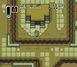The Legend of Zelda: A Link to the Past screenshot: pixel art, three-quarter, colored outlines, baked lighting (environment)