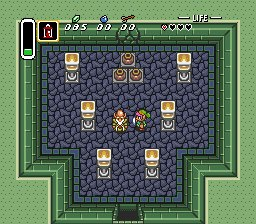 The Legend of Zelda: A Link to the Past screenshot: pixel art, three-quarter, colored outlines, baked lighting (environment)