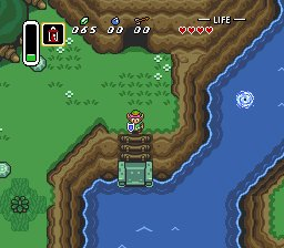 The Legend of Zelda: A Link to the Past screenshot: pixel art, three-quarter, colored outlines, baked lighting (environment)