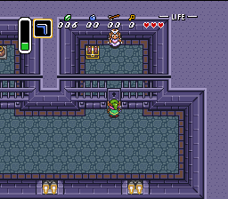 The Legend of Zelda: A Link to the Past screenshot: pixel art, three-quarter, colored outlines, baked lighting (environment)