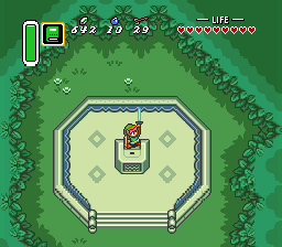 The Legend of Zelda: A Link to the Past screenshot: pixel art, three-quarter, colored outlines, baked lighting (environment, cutscene)