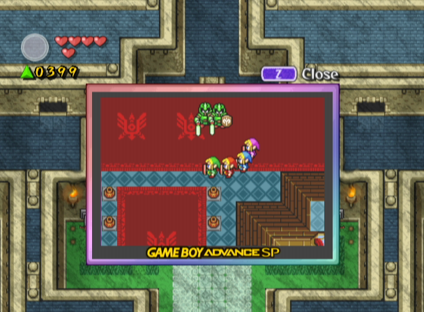 The Legend of Zelda: Four Swords Adventures screenshot: pixel art, three-quarter, colored outlines, baked lighting (environment)