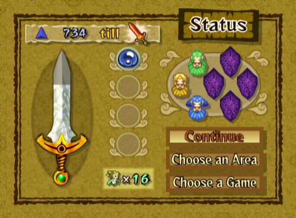 The Legend of Zelda: Four Swords Adventures screenshot: pixel art, three-quarter, colored outlines, baked lighting (ui / menu)