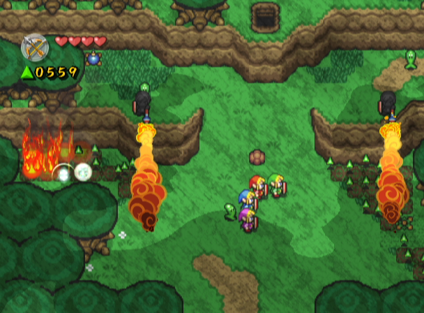 The Legend of Zelda: Four Swords Adventures screenshot: pixel art, three-quarter, colored outlines, baked lighting (environment, combat)