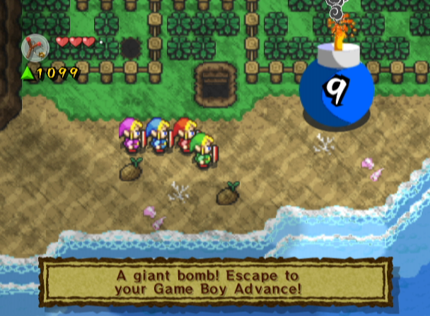 The Legend of Zelda: Four Swords Adventures screenshot: pixel art, three-quarter, colored outlines, baked lighting (environment, combat)