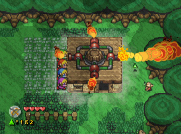The Legend of Zelda: Four Swords Adventures screenshot: pixel art, three-quarter, colored outlines, baked lighting (environment, combat)