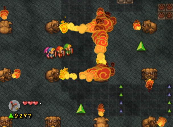 The Legend of Zelda: Four Swords Adventures screenshot: pixel art, three-quarter, colored outlines, baked lighting (environment, combat)