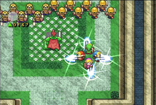 The Legend of Zelda: Four Swords Adventures screenshot: pixel art, three-quarter, colored outlines, baked lighting (environment, combat)