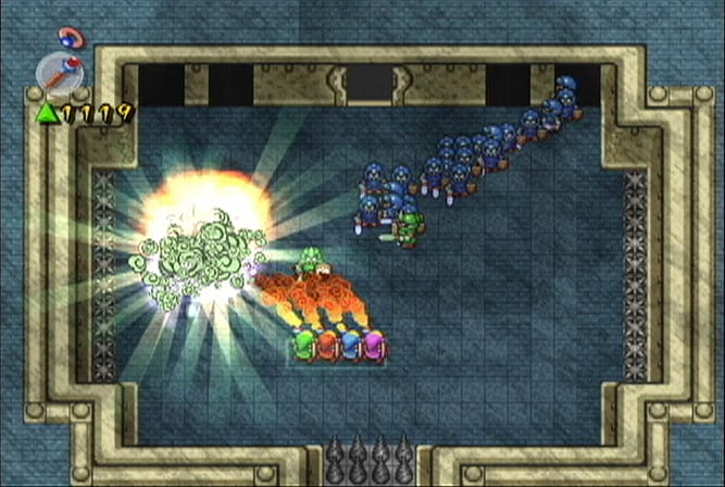 The Legend of Zelda: Four Swords Adventures screenshot: pixel art, three-quarter, colored outlines, baked lighting (environment, combat)