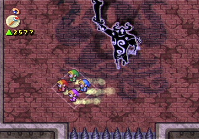 The Legend of Zelda: Four Swords Adventures screenshot: pixel art, three-quarter, colored outlines, baked lighting (environment, combat)