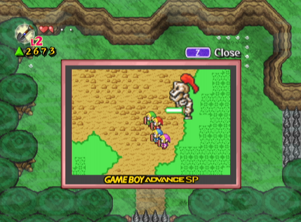 The Legend of Zelda: Four Swords Adventures screenshot: pixel art, three-quarter, colored outlines, baked lighting (environment, combat)
