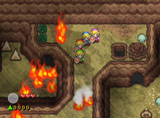 The Legend of Zelda: Four Swords Adventures screenshot: pixel art, three-quarter, colored outlines, baked lighting (environment, combat)