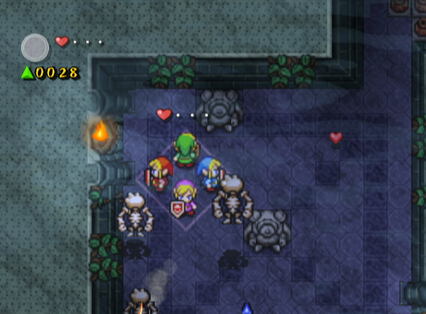 The Legend of Zelda: Four Swords Adventures screenshot: pixel art, three-quarter, colored outlines, baked lighting (environment, combat)