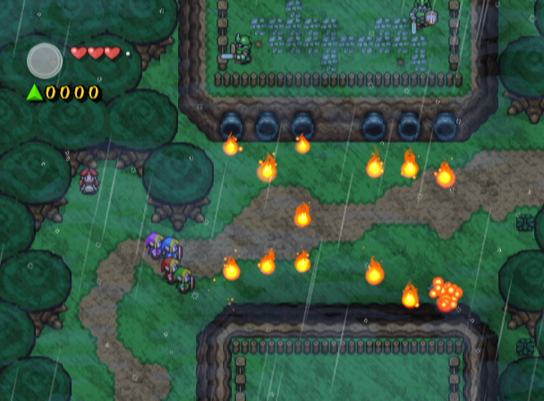 The Legend of Zelda: Four Swords Adventures screenshot: pixel art, three-quarter, colored outlines, baked lighting (environment, combat)