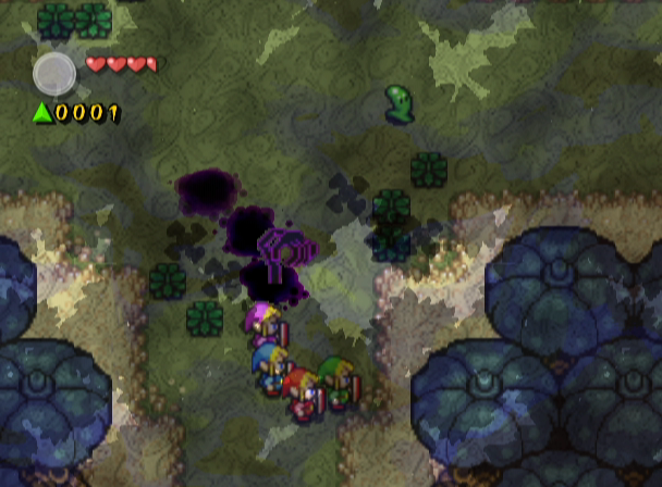 The Legend of Zelda: Four Swords Adventures screenshot: pixel art, three-quarter, colored outlines, baked lighting (environment, combat)