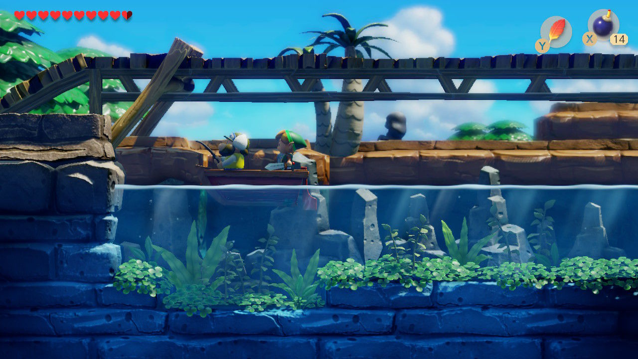 The Legend of Zelda: Link's Awakening (Nintendo Switch) screenshot: stylized 3d, diorama, three-quarter, side-scrolling, no outlines, soft gradient (environment, combat)