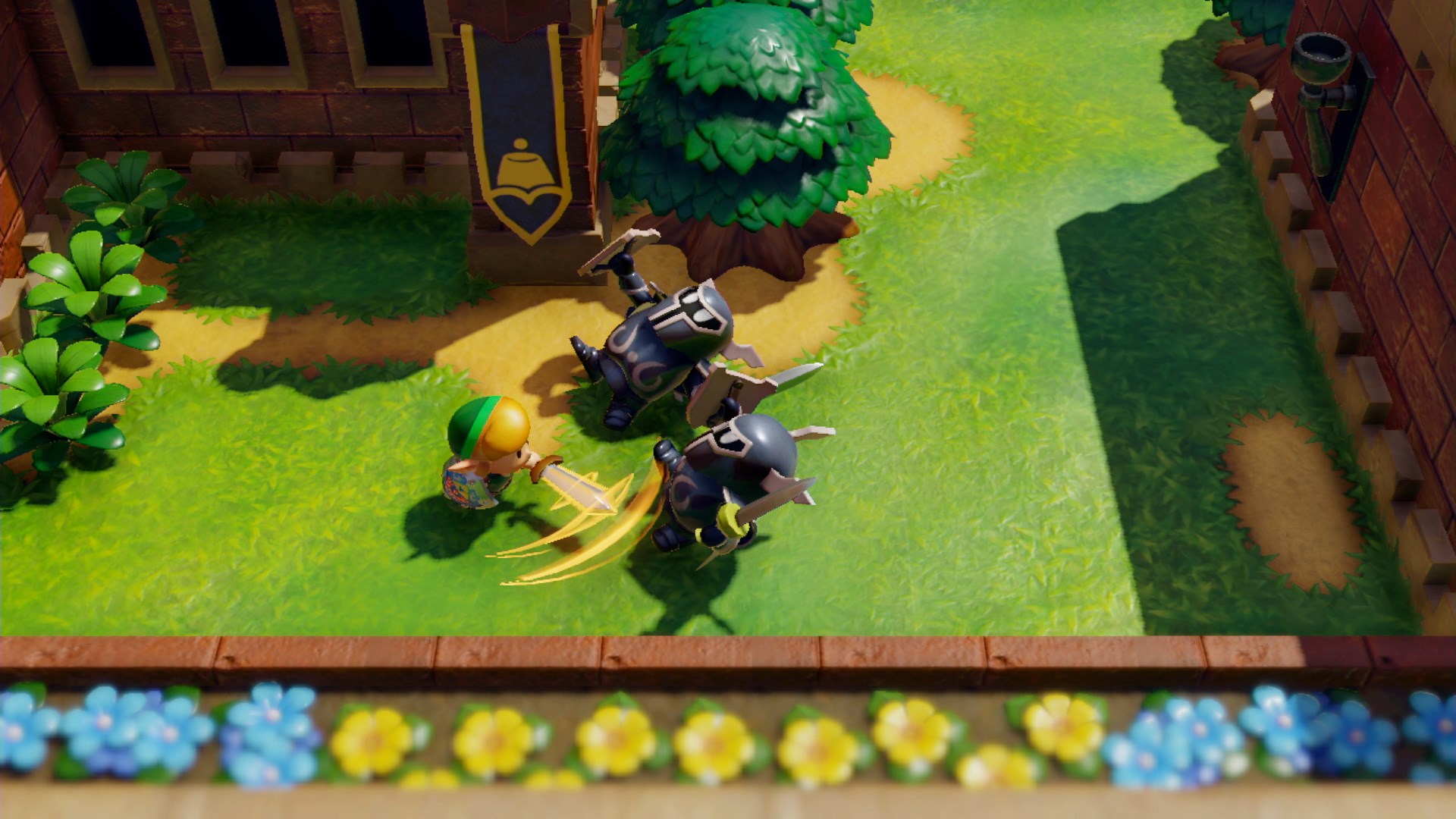 The Legend of Zelda: Link's Awakening (Nintendo Switch) screenshot: stylized 3d, diorama, three-quarter, side-scrolling, no outlines, soft gradient (environment, combat)