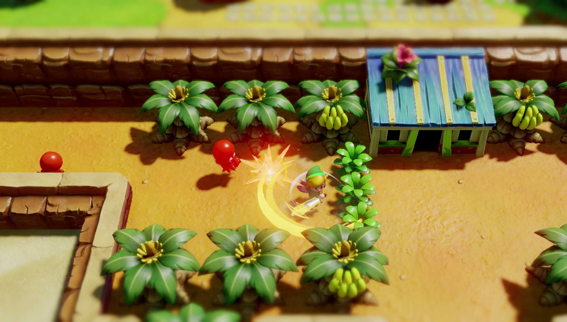 The Legend of Zelda: Link's Awakening (Nintendo Switch) screenshot: stylized 3d, diorama, three-quarter, side-scrolling, no outlines, soft gradient (environment, combat)