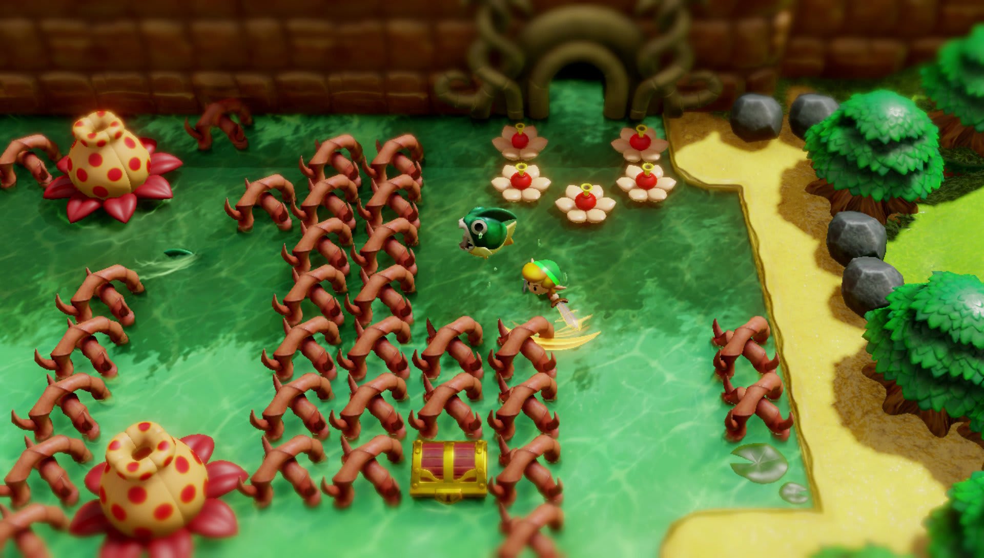 The Legend of Zelda: Link's Awakening (Nintendo Switch) screenshot: stylized 3d, diorama, three-quarter, side-scrolling, no outlines, soft gradient (environment, combat)