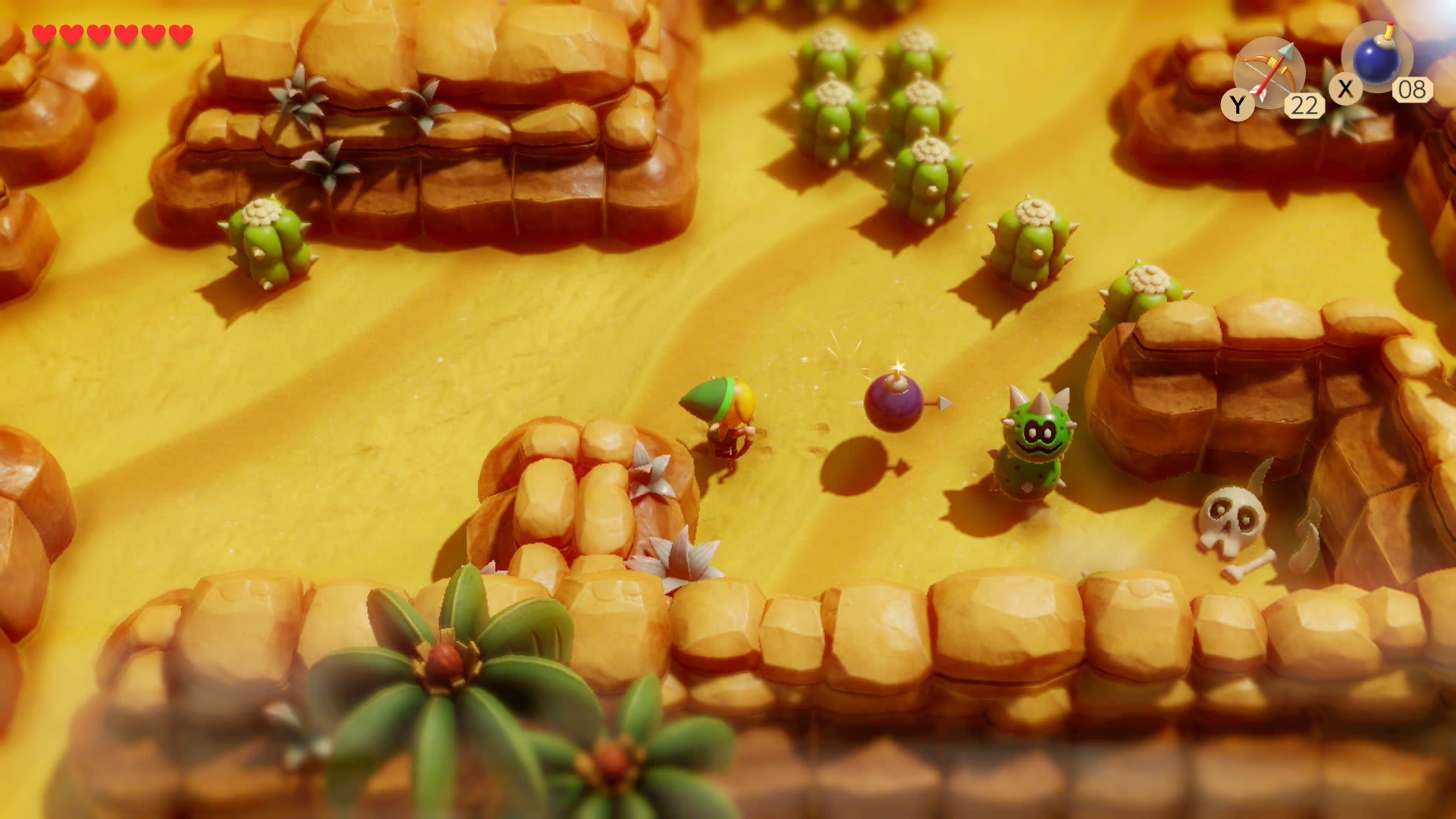 The Legend of Zelda: Link's Awakening (Nintendo Switch) screenshot: stylized 3d, diorama, three-quarter, side-scrolling, no outlines, soft gradient (environment, combat)