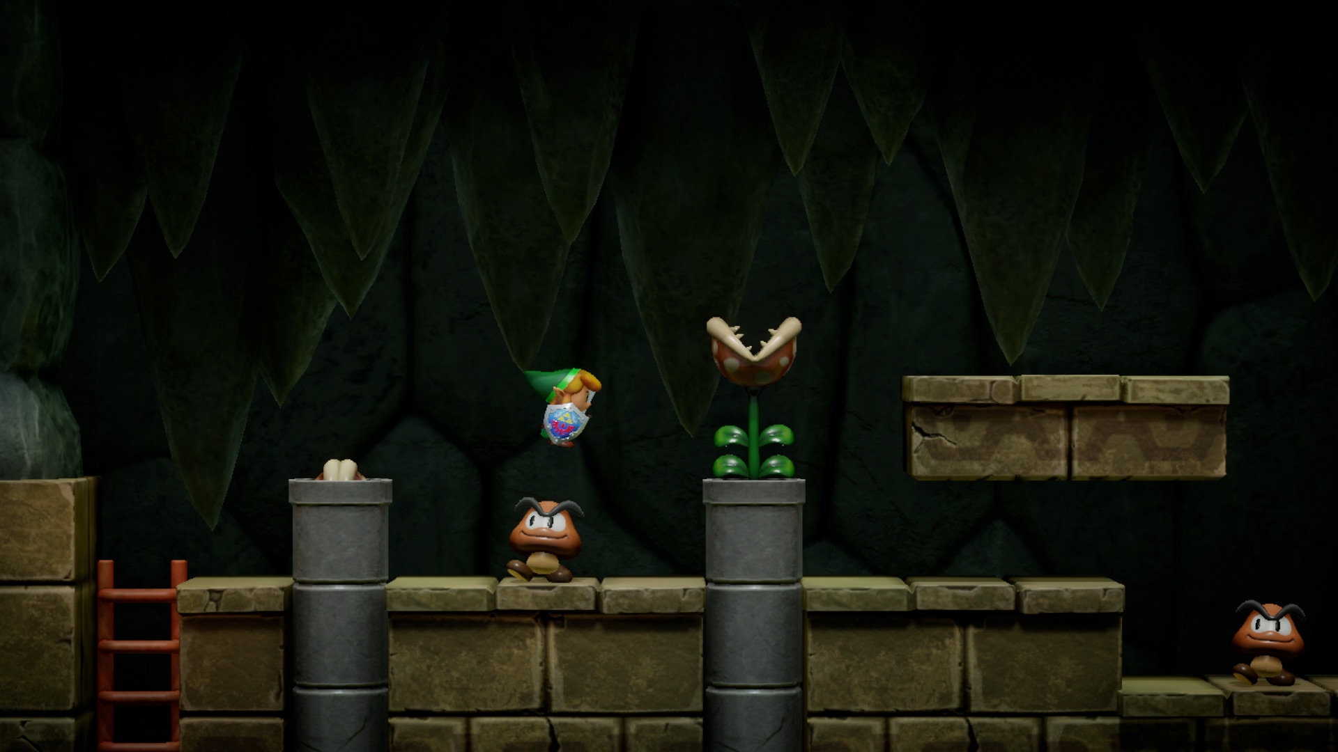 The Legend of Zelda: Link's Awakening (Nintendo Switch) screenshot: stylized 3d, diorama, three-quarter, side-scrolling, no outlines, soft gradient (environment, combat)