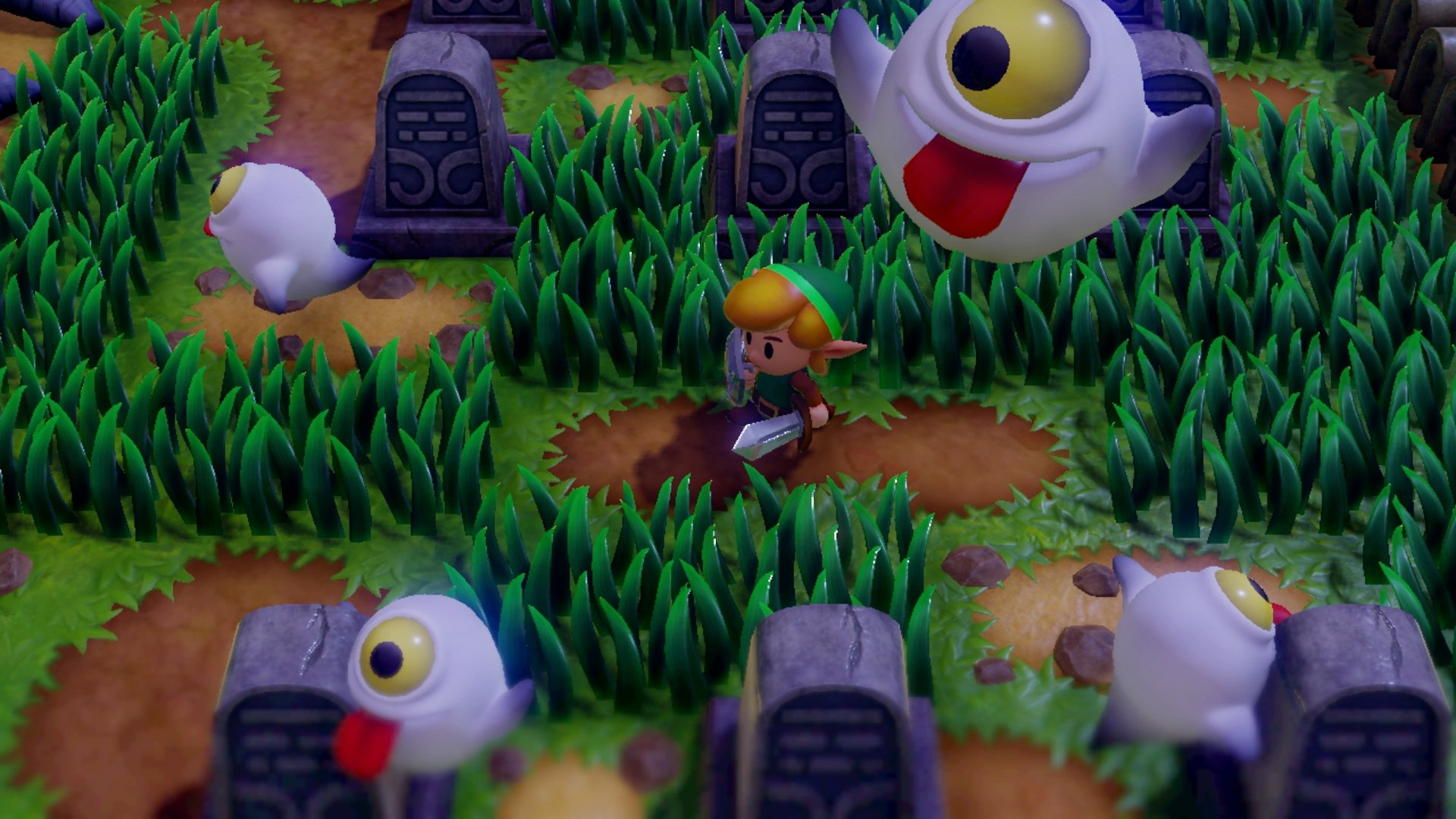 The Legend of Zelda: Link's Awakening (Nintendo Switch) screenshot: stylized 3d, diorama, three-quarter, side-scrolling, no outlines, soft gradient (environment, character, combat)