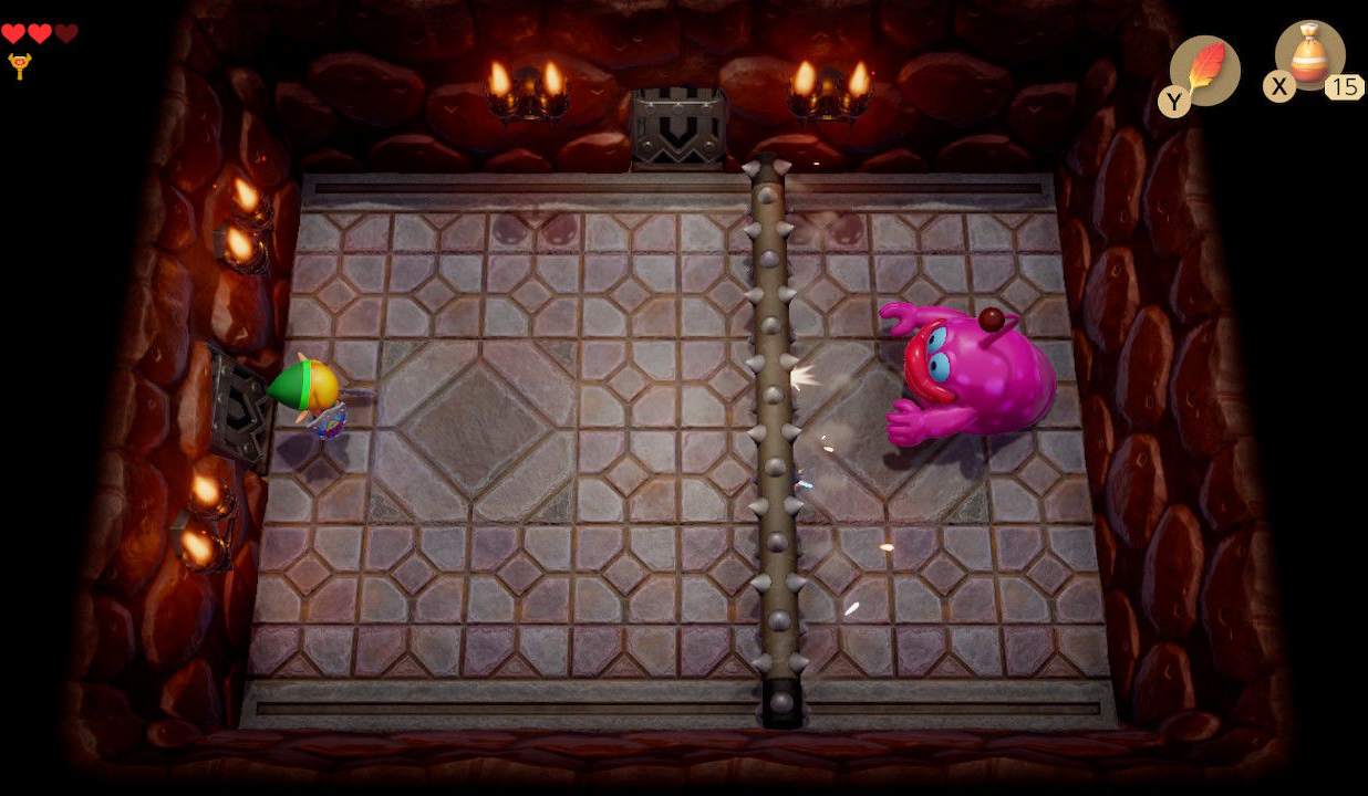 The Legend of Zelda: Link's Awakening (Nintendo Switch) screenshot: stylized 3d, diorama, three-quarter, side-scrolling, no outlines, soft gradient (environment, combat)