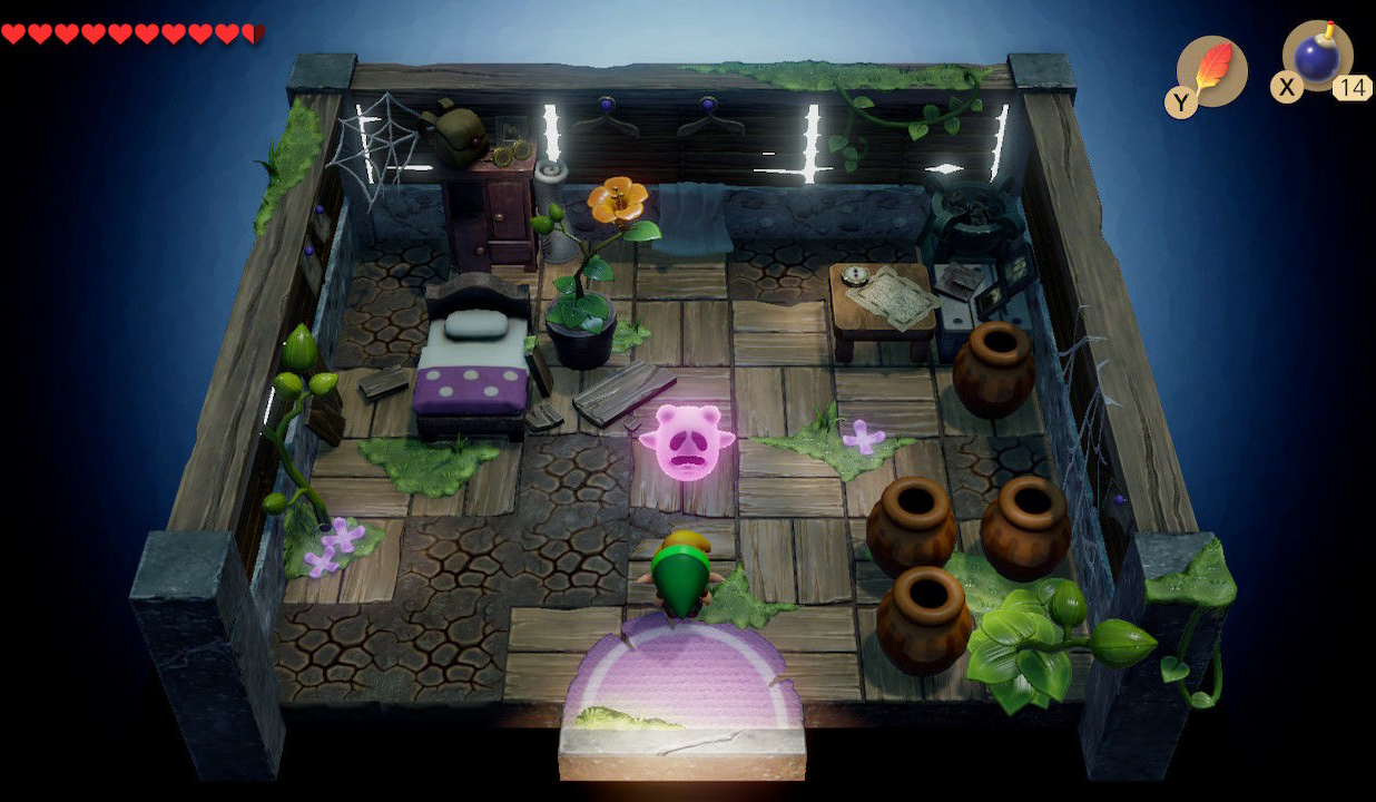 The Legend of Zelda: Link's Awakening (Nintendo Switch) screenshot: stylized 3d, diorama, three-quarter, side-scrolling, no outlines, soft gradient (environment, character)