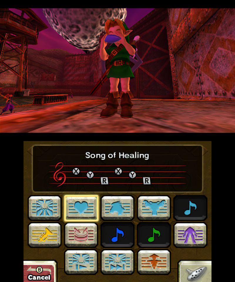 The Legend of Zelda: Majora's Mask 3D screenshot: stylized 3d, third-person, no outlines, soft gradient (environment, character, ui / menu)