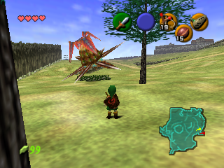 The Legend of Zelda: Ocarina of Time screenshot: low-poly, third-person, no outlines, soft gradient (environment, combat)