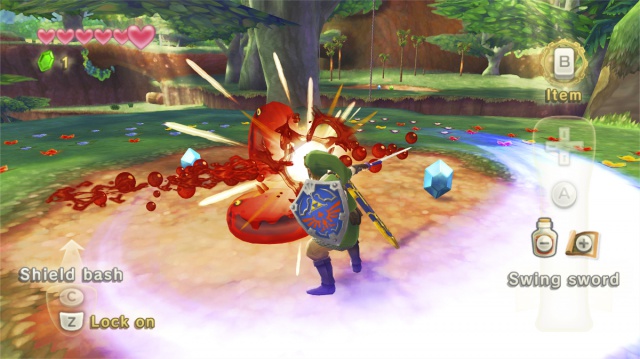 The Legend of Zelda: Skyward Sword screenshot: stylized 3d, painterly, third-person, no outlines, soft gradient (environment, combat)