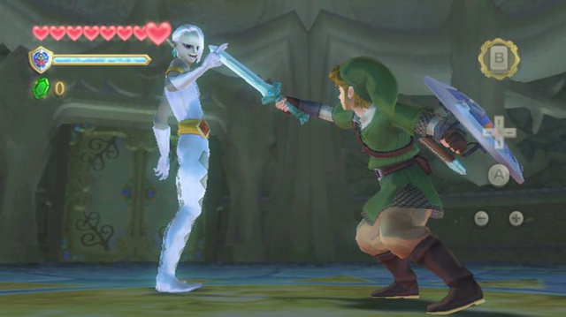 The Legend of Zelda: Skyward Sword screenshot: stylized 3d, painterly, third-person, no outlines, soft gradient (character, combat)