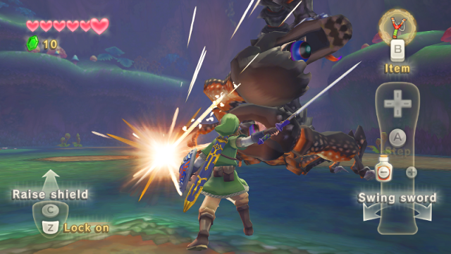 The Legend of Zelda: Skyward Sword screenshot: stylized 3d, painterly, third-person, no outlines, soft gradient (combat)