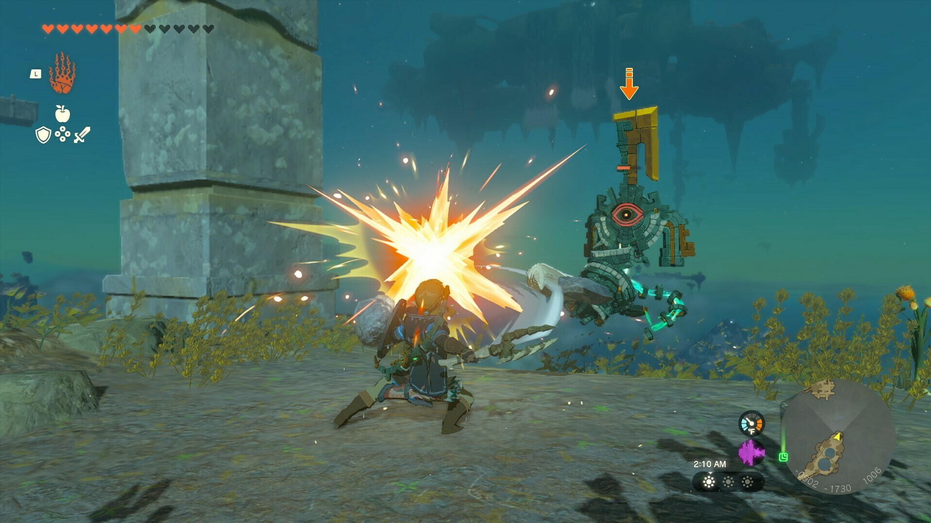 The Legend of Zelda: Tears of the Kingdom screenshot: cel-shaded, third-person, no outlines, two-tone cel (environment, combat)