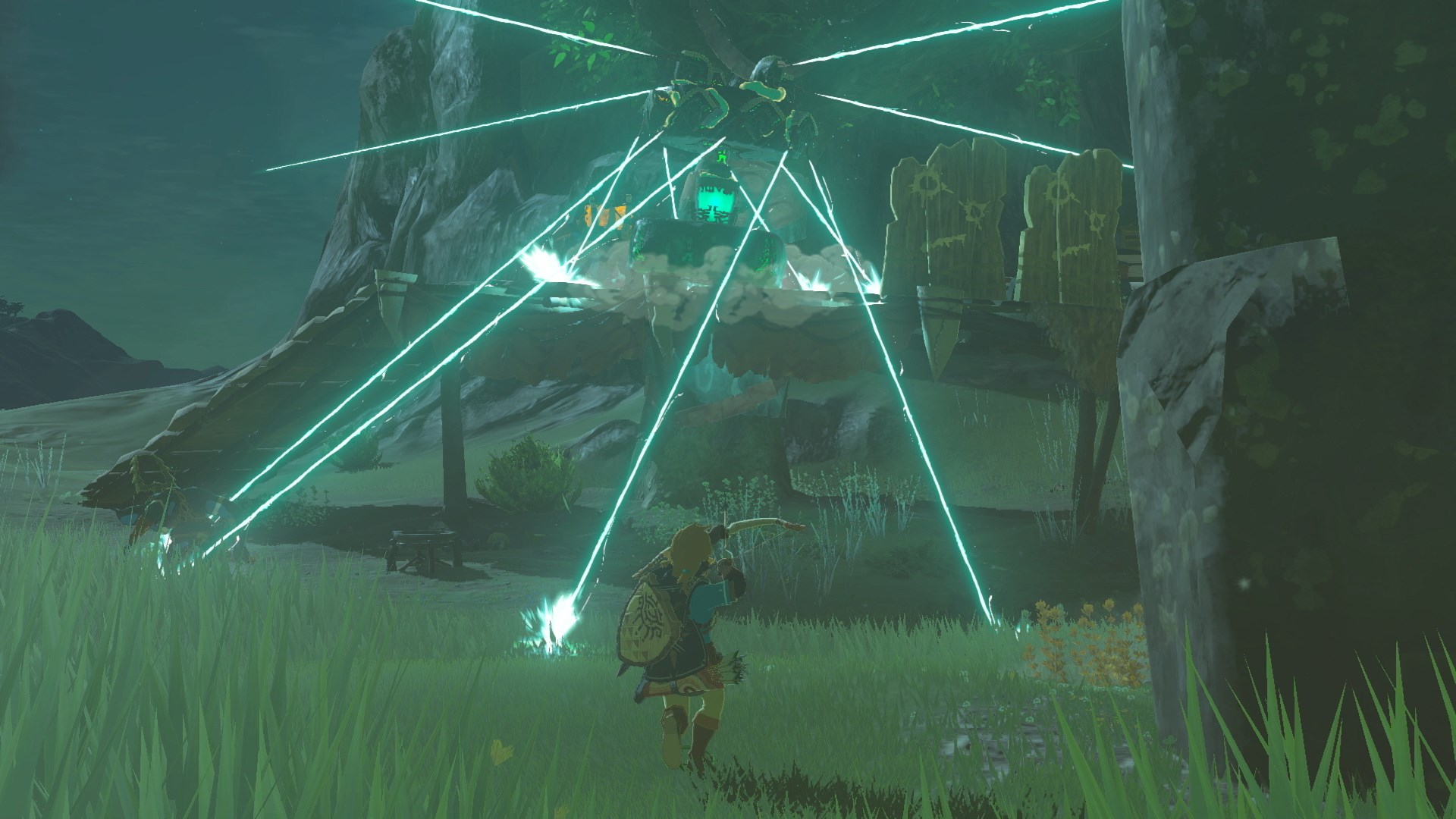The Legend of Zelda: Tears of the Kingdom screenshot: cel-shaded, third-person, no outlines, two-tone cel (environment, combat)
