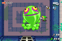 The Legend of Zelda: The Minish Cap screenshot: pixel art, three-quarter, colored outlines, baked lighting (combat)
