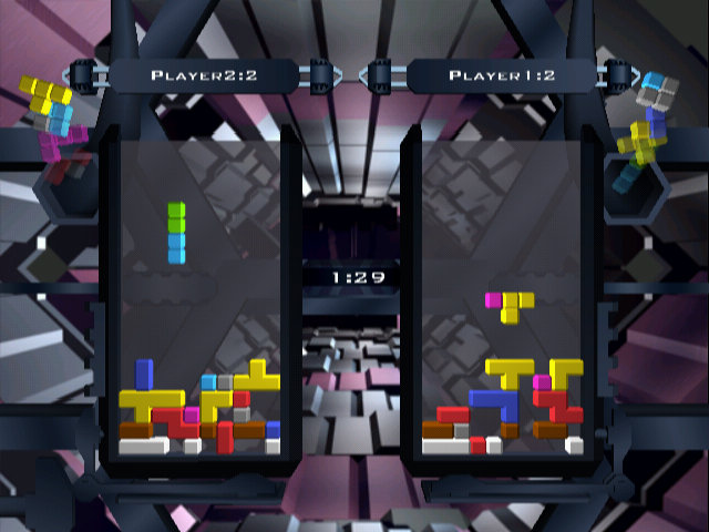The Next Tetris screenshot: low-poly, fixed camera, no outlines, soft gradient (ui / menu)