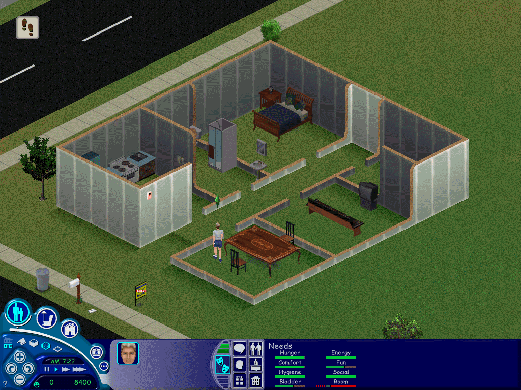 The Sims screenshot: pre-rendered, stylized 3d, isometric, no outlines, baked lighting (environment)