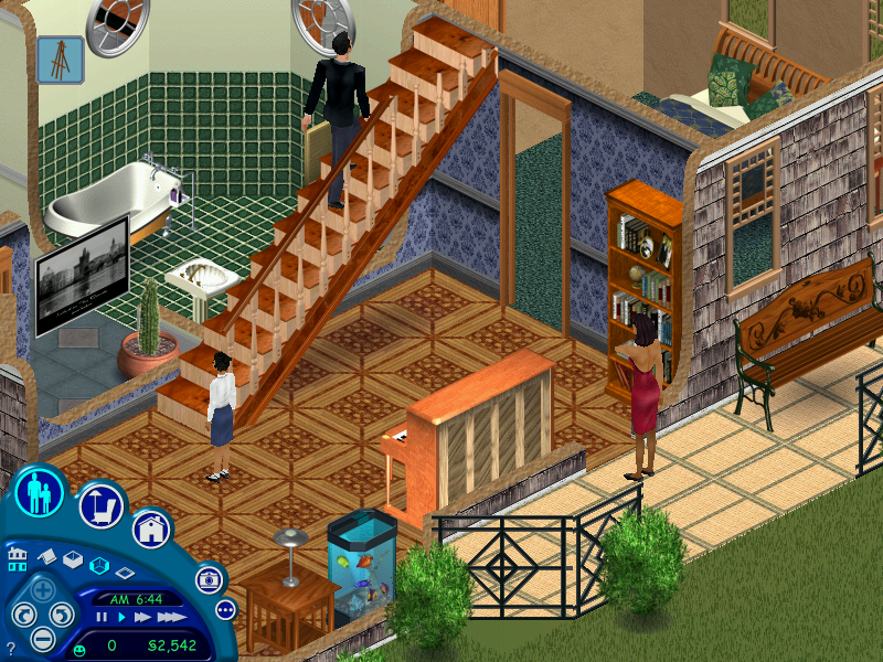 The Sims screenshot: pre-rendered, stylized 3d, isometric, no outlines, baked lighting (environment, character)