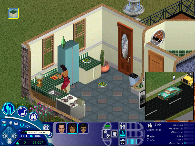 The Sims screenshot: pre-rendered, stylized 3d, isometric, no outlines, baked lighting (environment, character)